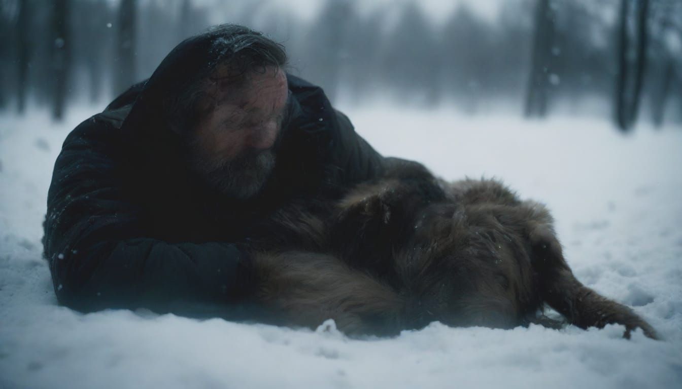 Wounded Fighter on Dog Sled in Gritty Film Noir Landscape