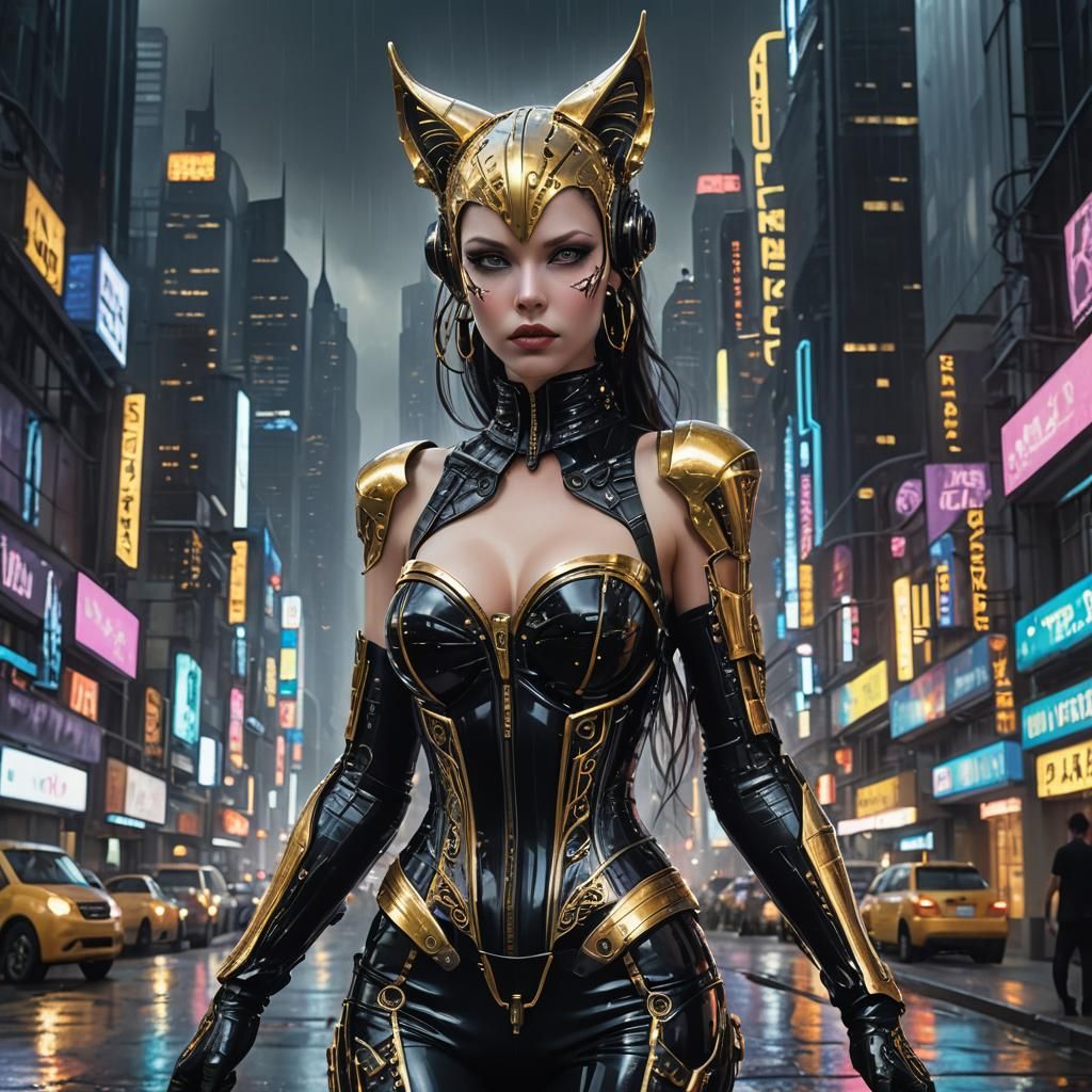 Cyberpunk Woman with Cat Ears in Dystopian Cityscape