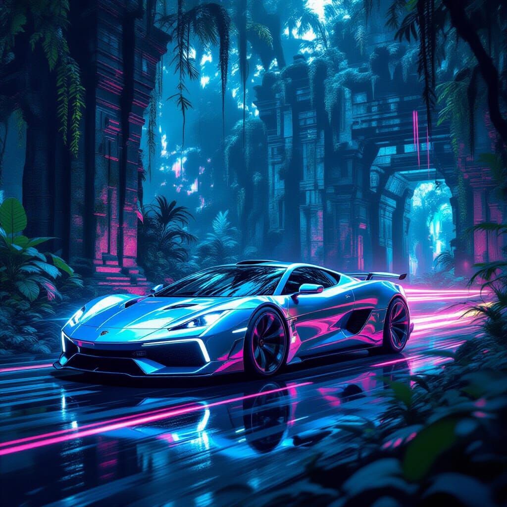Futuristic Car in Bioluminescent Jungle, Chromatic Art