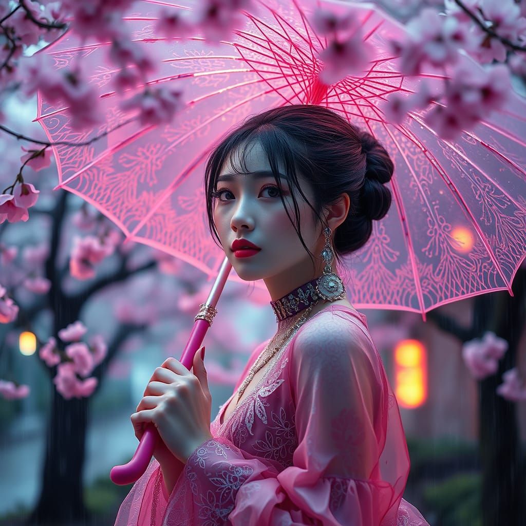 Surreal Japanese Goddess in Cyberpunk Chic, Holding a Radian...