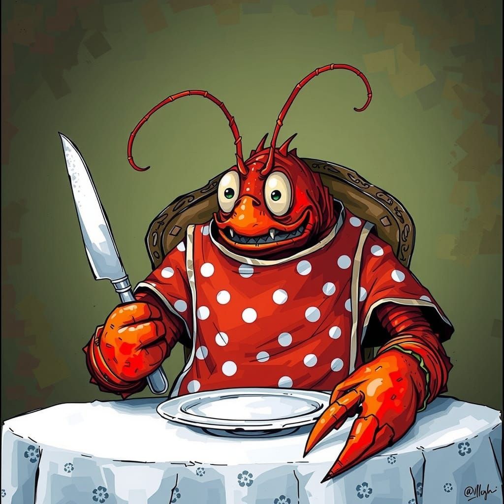 A Lovable Lobster Savoring a Fine Meal in a Whimsical Settin...