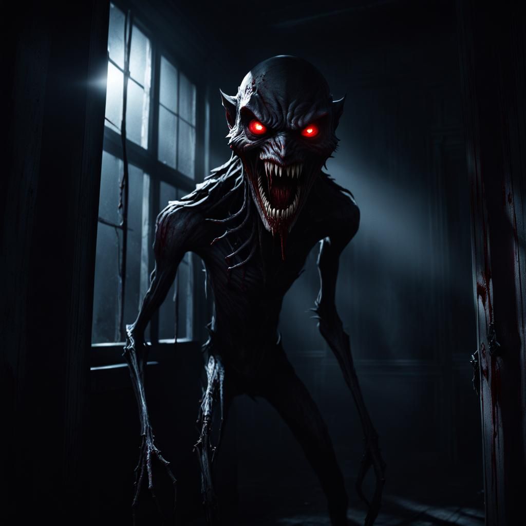 scary creature watching out of it, watching on you, red eyes, sharp teeth, long skinny limbs, long skiny legs, sharp cla...