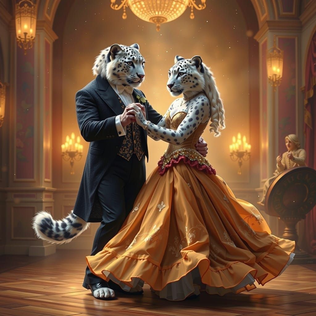 Snow Leopard Ballroom Waltz in Whimsical Fantasy Style