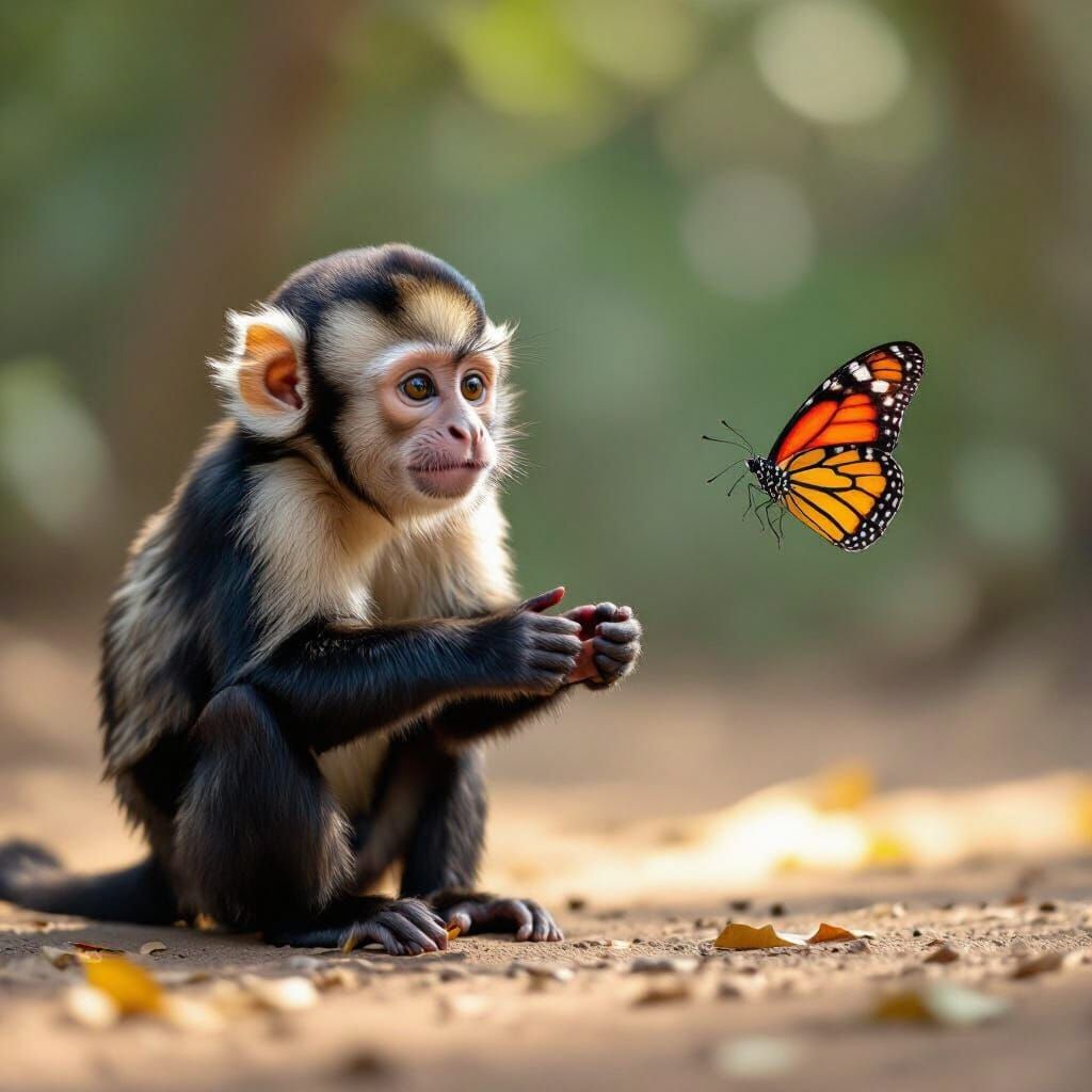 Curious Monkey Observes and Mimics Butterfly Flight