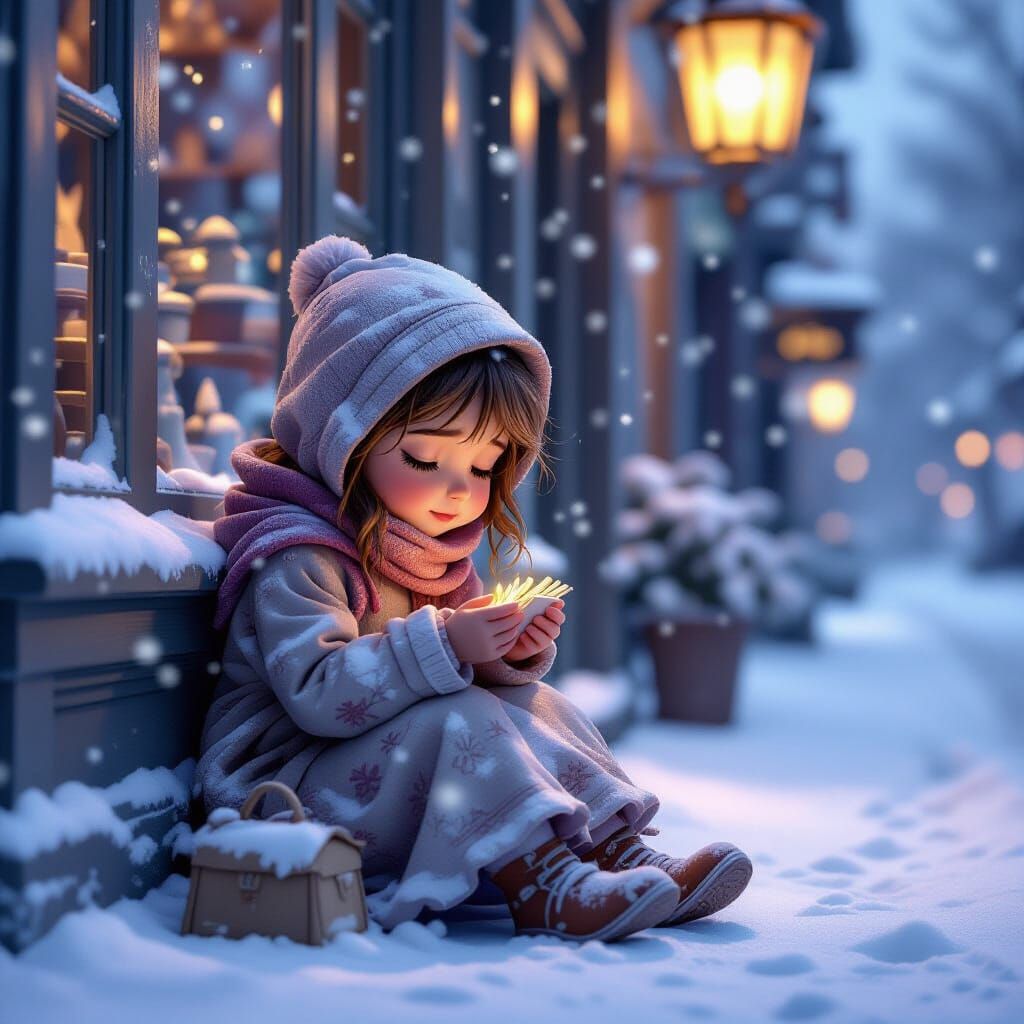 Sad Girl Selling Matches: Pixar-Inspired Winter Scene