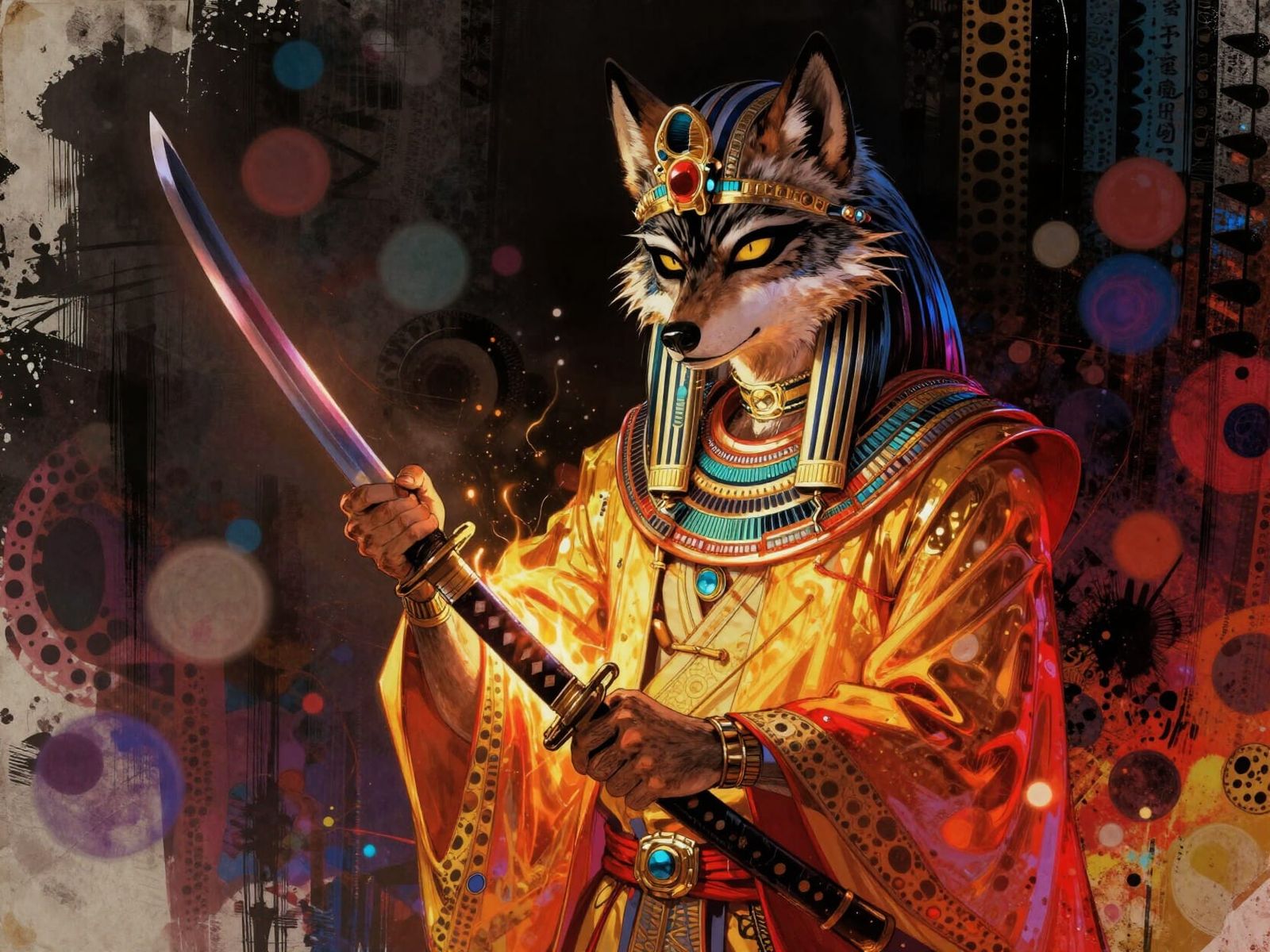 Wolf Sorcerer Crafts Katana in Neo-Gothic Pop Art Style