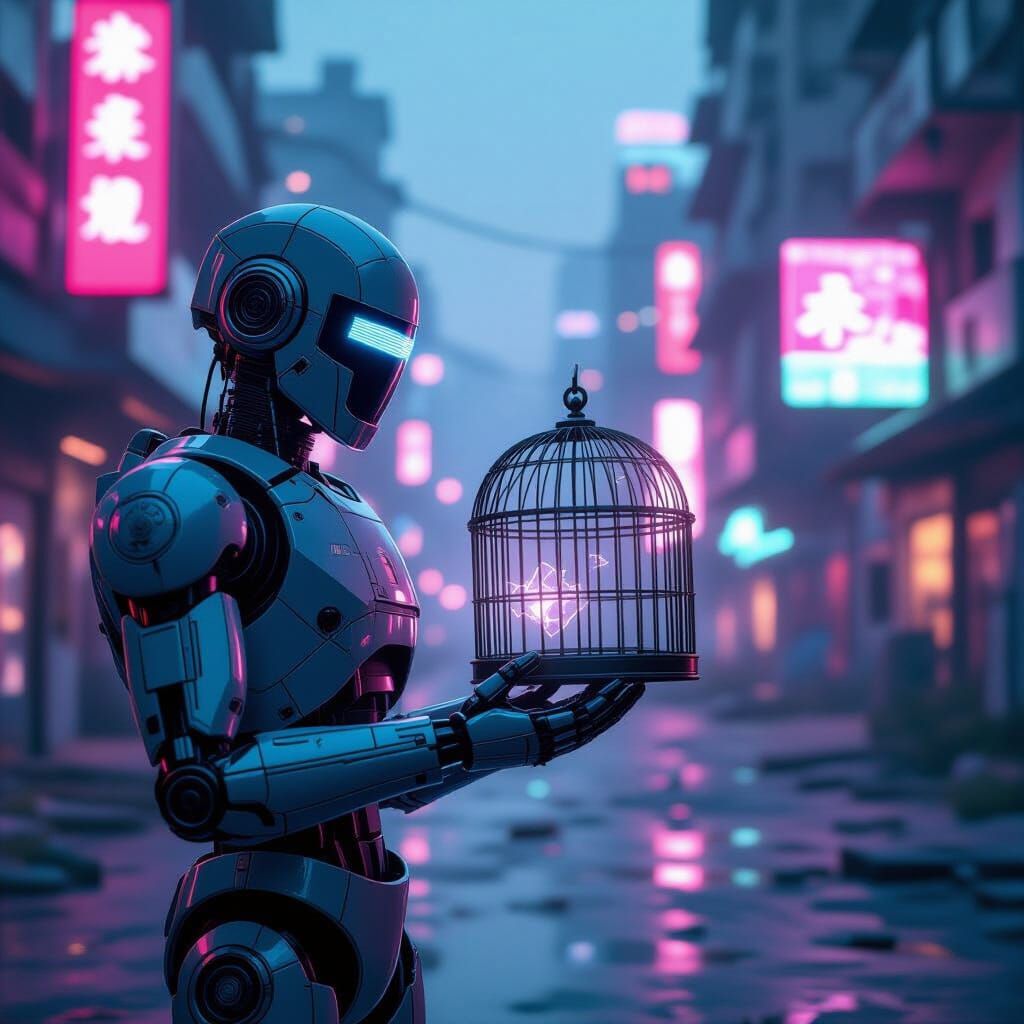 Vintage Robot with Empty Birdcage in Neon Cityscape