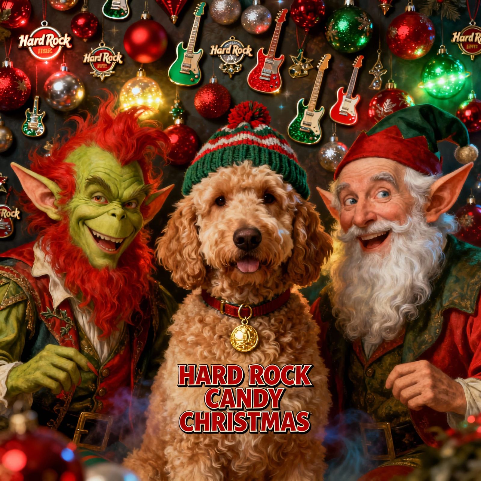 Surreal Holiday Portrait: Goldendoodle & Hard Rock Elves