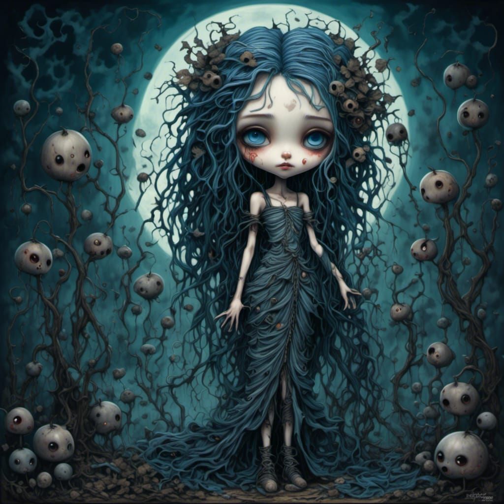 Chibi Witch with Blue Dreads in Dark Style