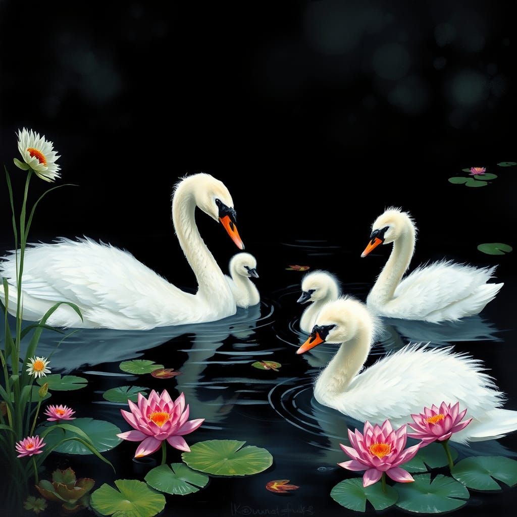 Swans and Cygnets in Ethereal Lake Scene
