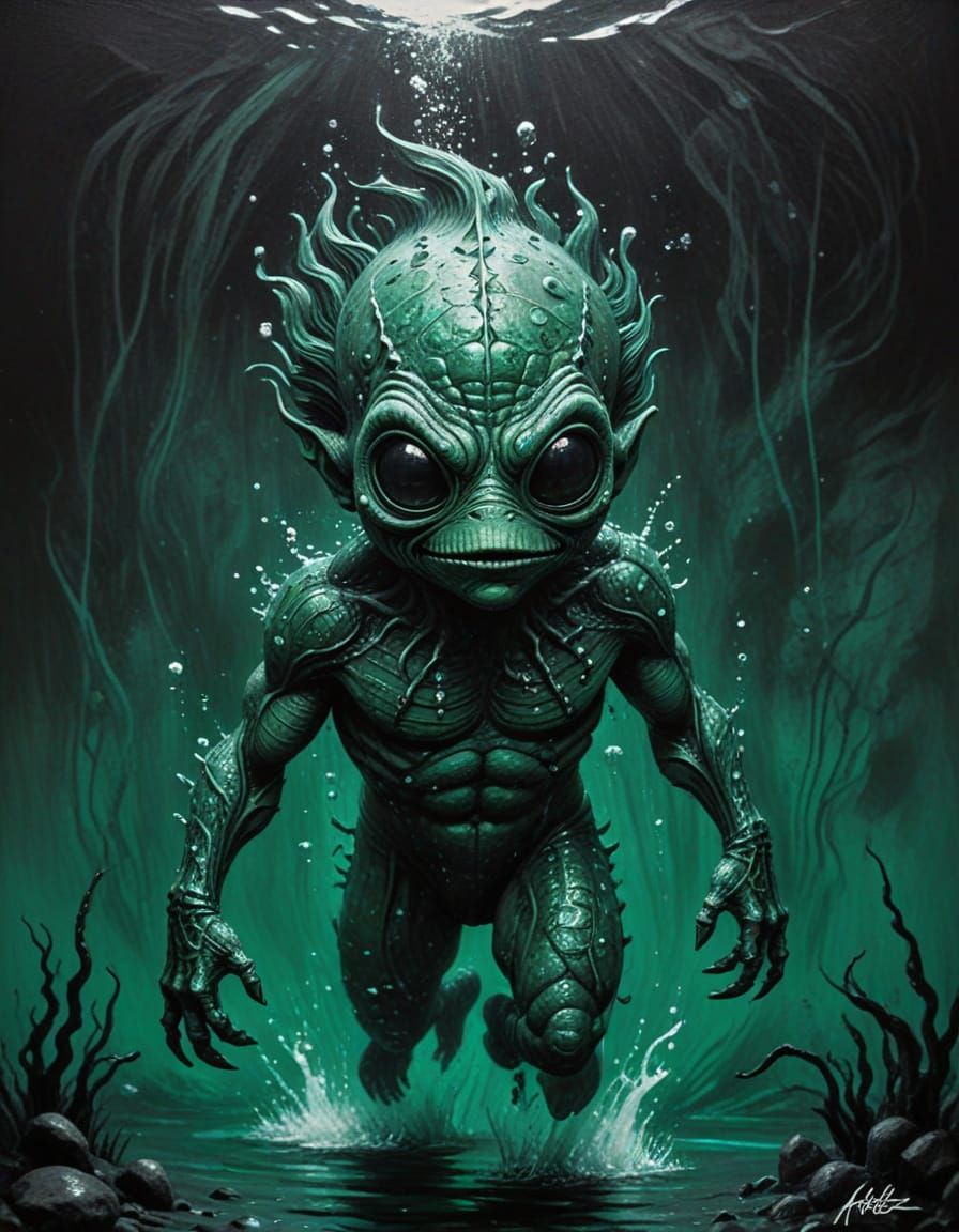 Chibi Gill-Man in Emerald Green: Impasto Style