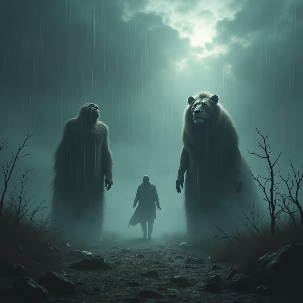 Menaced Figures in Desolate Landscape, Cinematic Matte Paint...