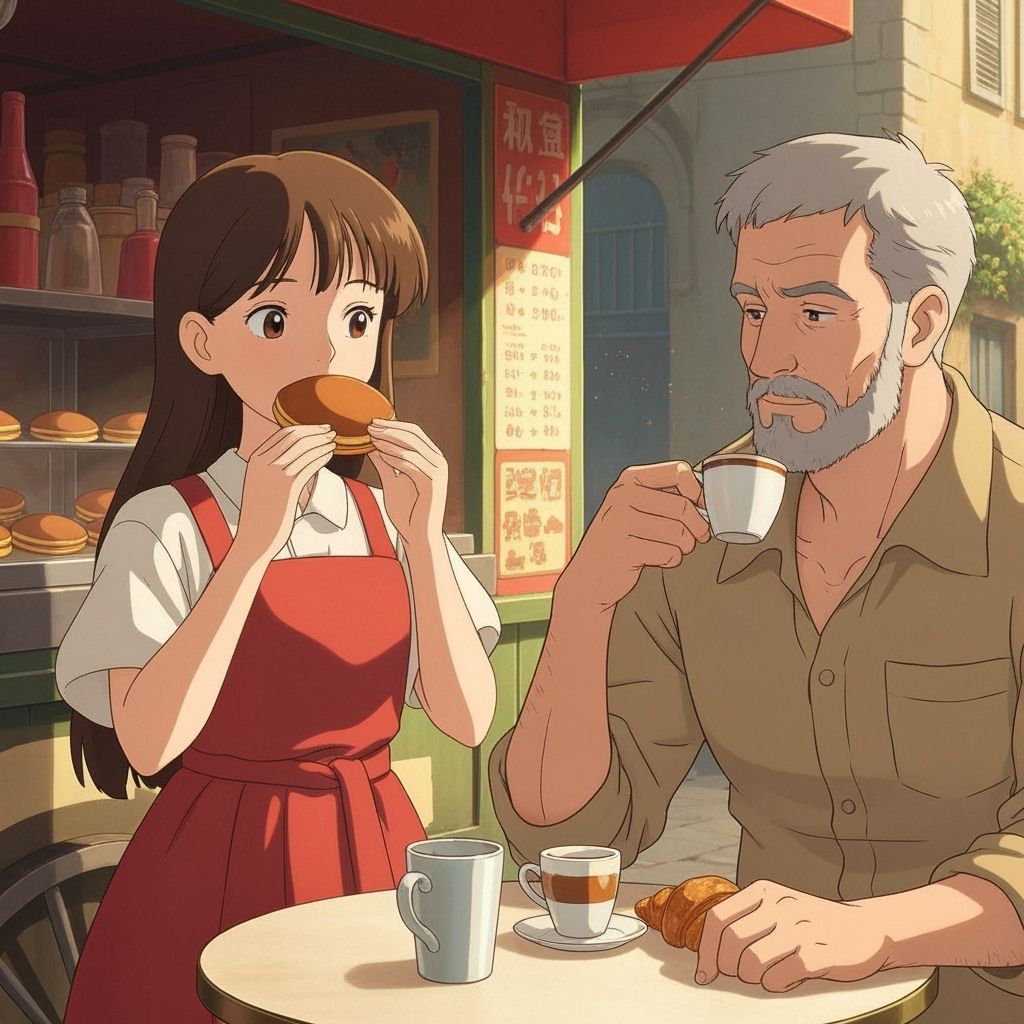Japanese Girl Eats Dorayaki Near Italian Man Sipping Espress...