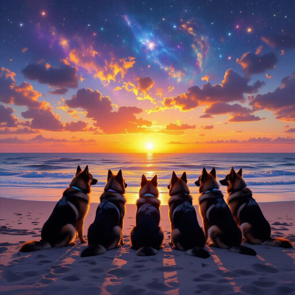 German Shepherds at Sunset: Holographic Astral Illustration