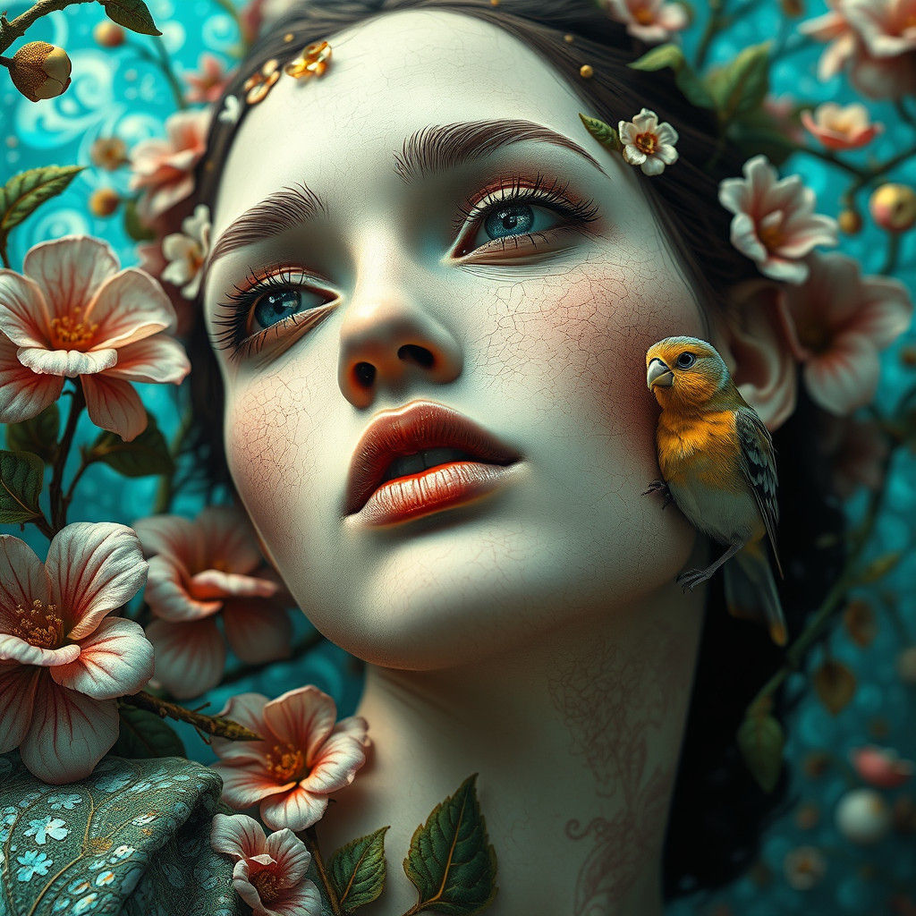 Porcelain Woman with Flowers and Vines in Surrealist Style