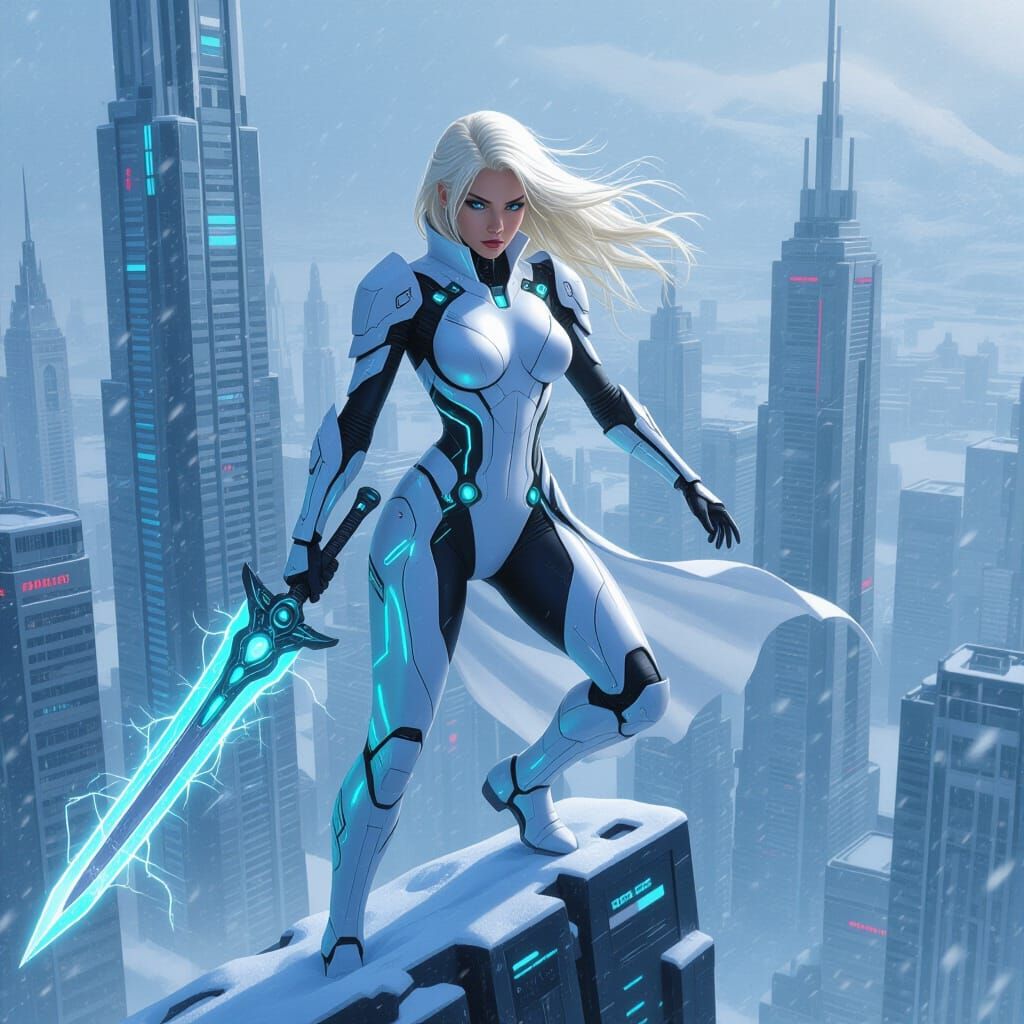 Cybernetic Valkyrie in Blizzard, Dynamic Sci-Fi Art