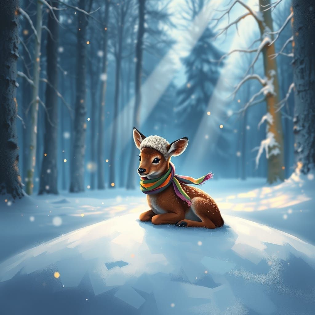 Enchanted Winter Fawn in Twilight Forest