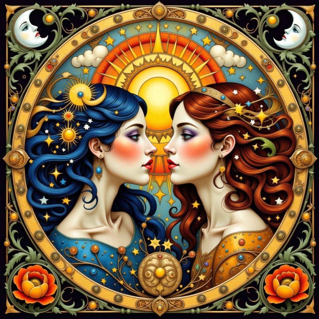 Sun and Moon Emblem in Folk Art Nouveau Style