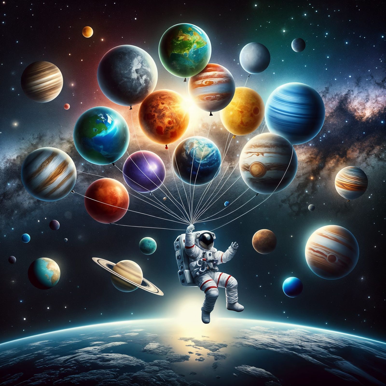 Astronaut in Space with Planetary Balloons