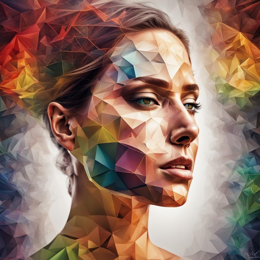 Rainbow Polygon Woman in Hyperrealistic Style