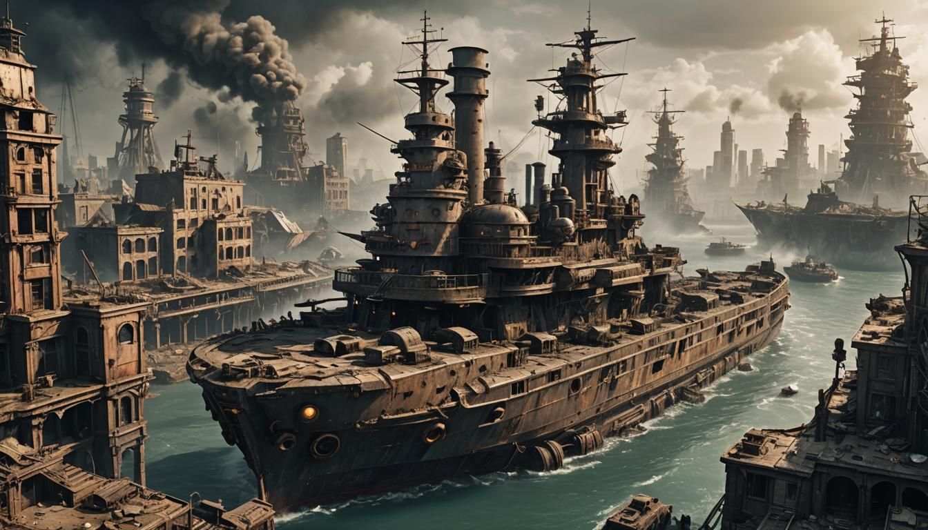 Steampunk Battleship Over Ruined City