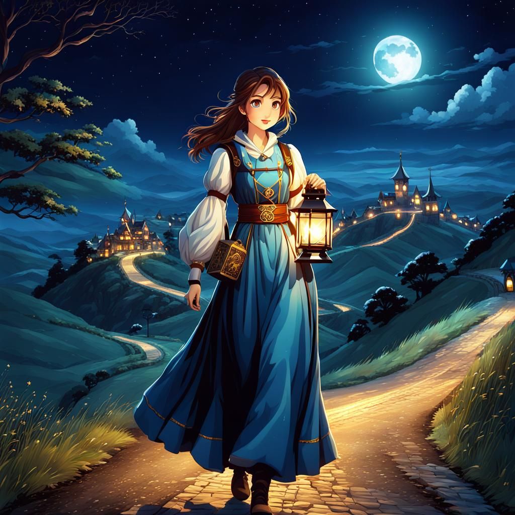 Beautiful Anime Woman Holding Lantern on Hilltop at Night
