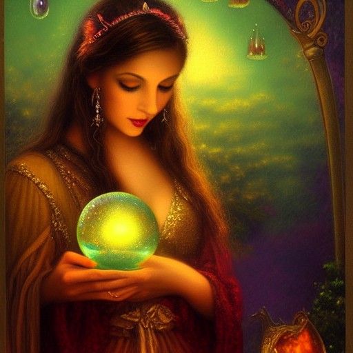 Mysterious Fortune Teller with Crystal Ball in Oil Painting ...