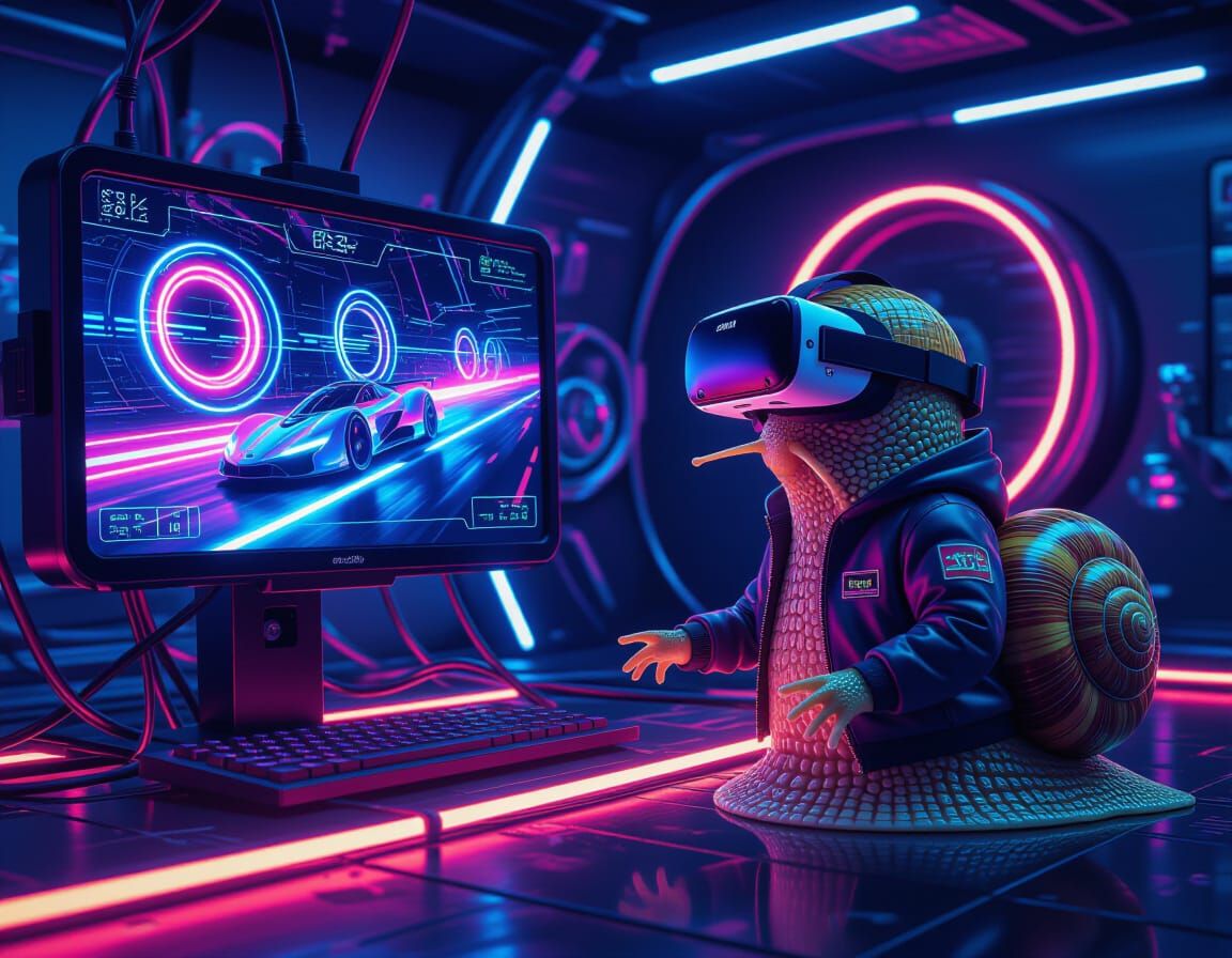 Snail Races in Virtual Reality: Retro-Futuristic 8K Render