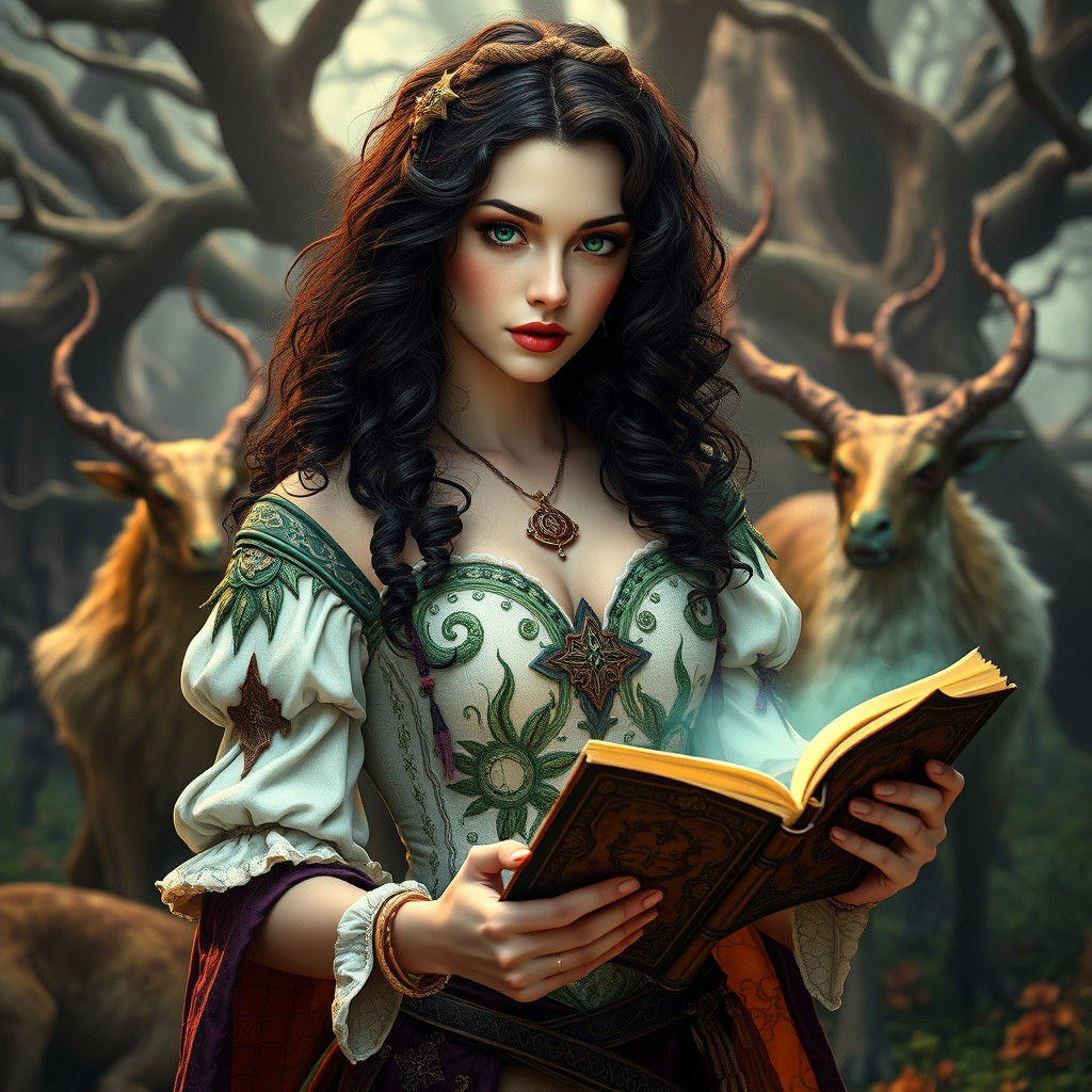 Enchanting Witch Casting Spell in Art Nouveau Style