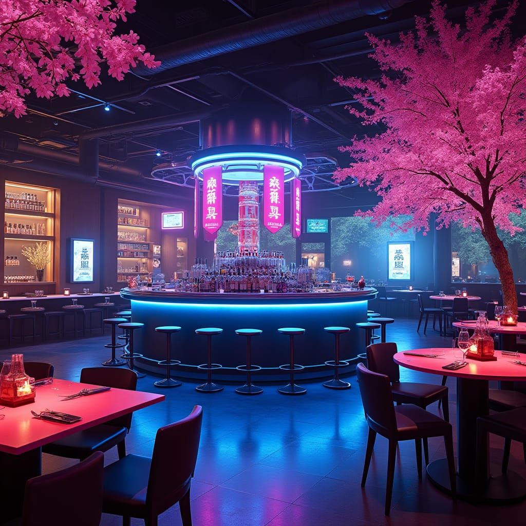 Cyberpunk Restaurant with Neon Lights and Japanese Elements
