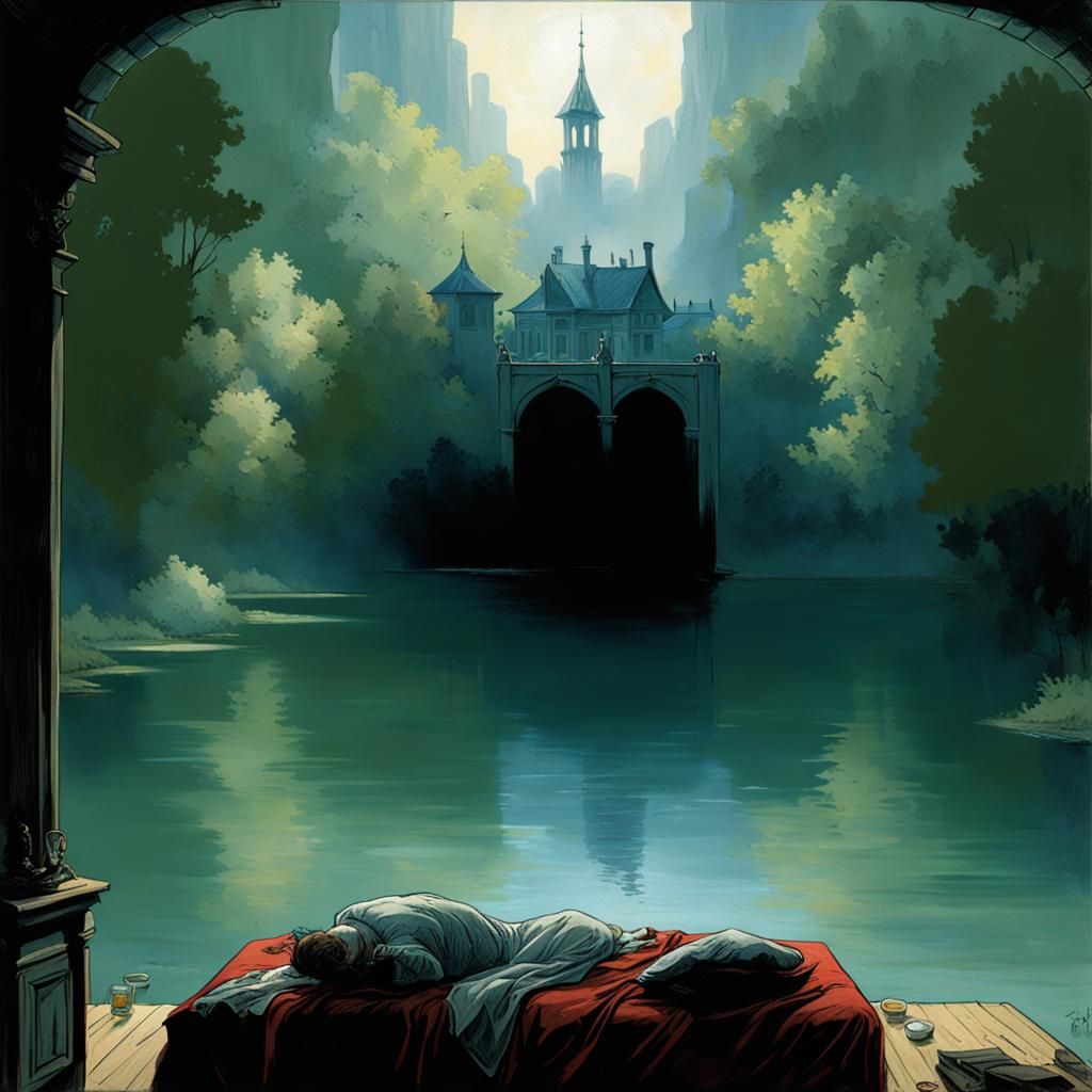 Eerie Lakeside Bedroom in Gothic Horror Style