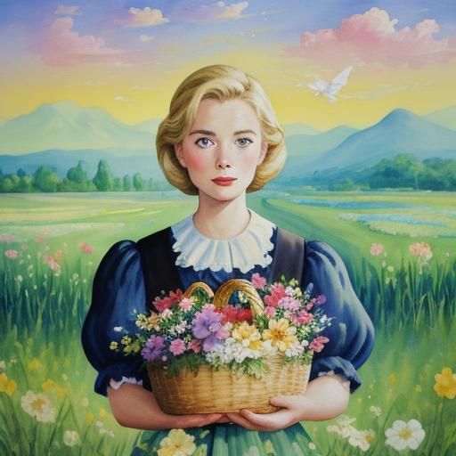 Grace Kelly in Flowers: Gouache Impressionist Painting