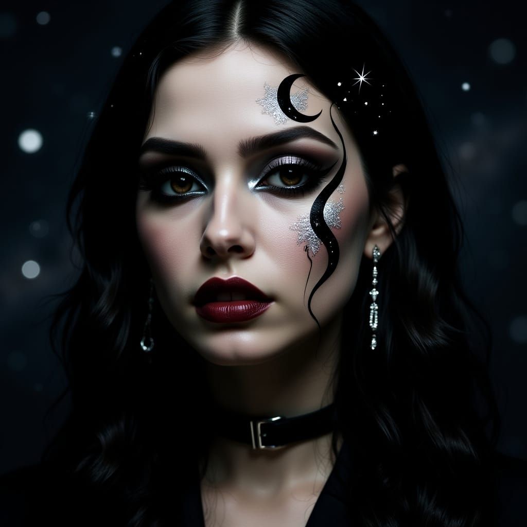 Goth Lady Double Exposure Portrait with Galaxy River