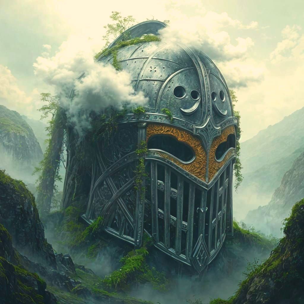 Colossal Knight Helmet in Misty Valley Concept Art