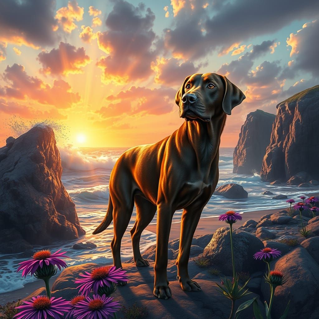Labrador Retriever and Echinacea Hybrid on Fairytale Beach