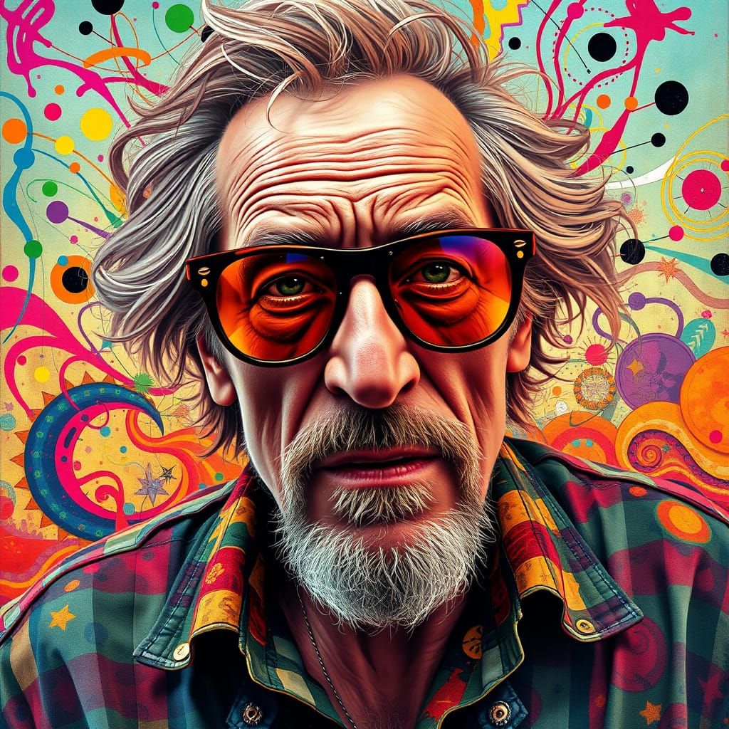 Hunter S. Thompson in a Dreamlike Psychedelic Landscape