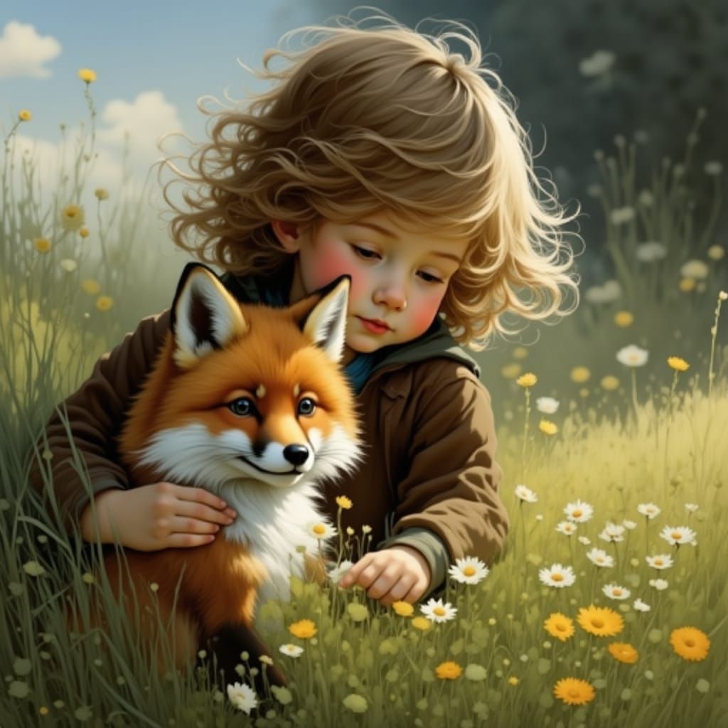 Surreal Portrait of a Toddler with a Fox in a Vibrant Meadow