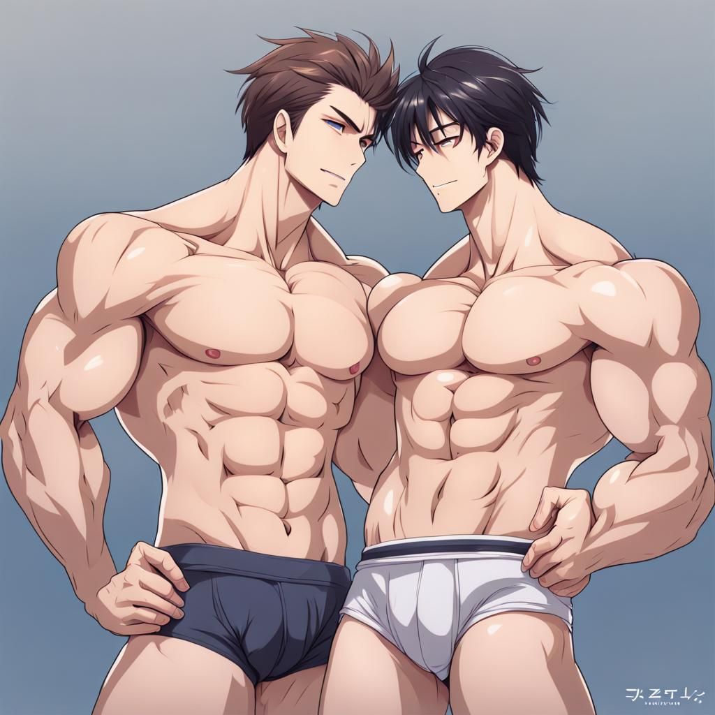 Muscular Men Hugging in Anime Style