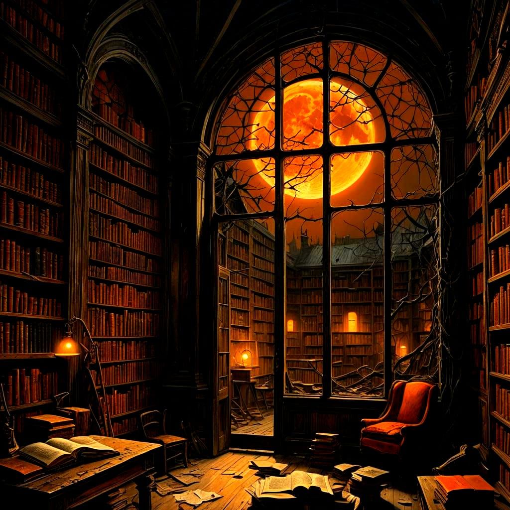 Eerie Abandoned Library Bathed in Moonlight