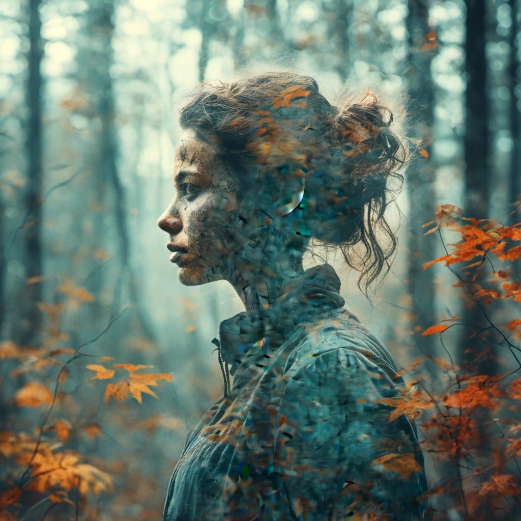 Hiking Woman Double Exposure in Digital Art Style