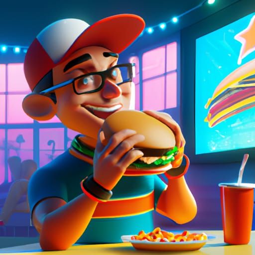 Happy Man Eating Hamburger in 3D Digital Art