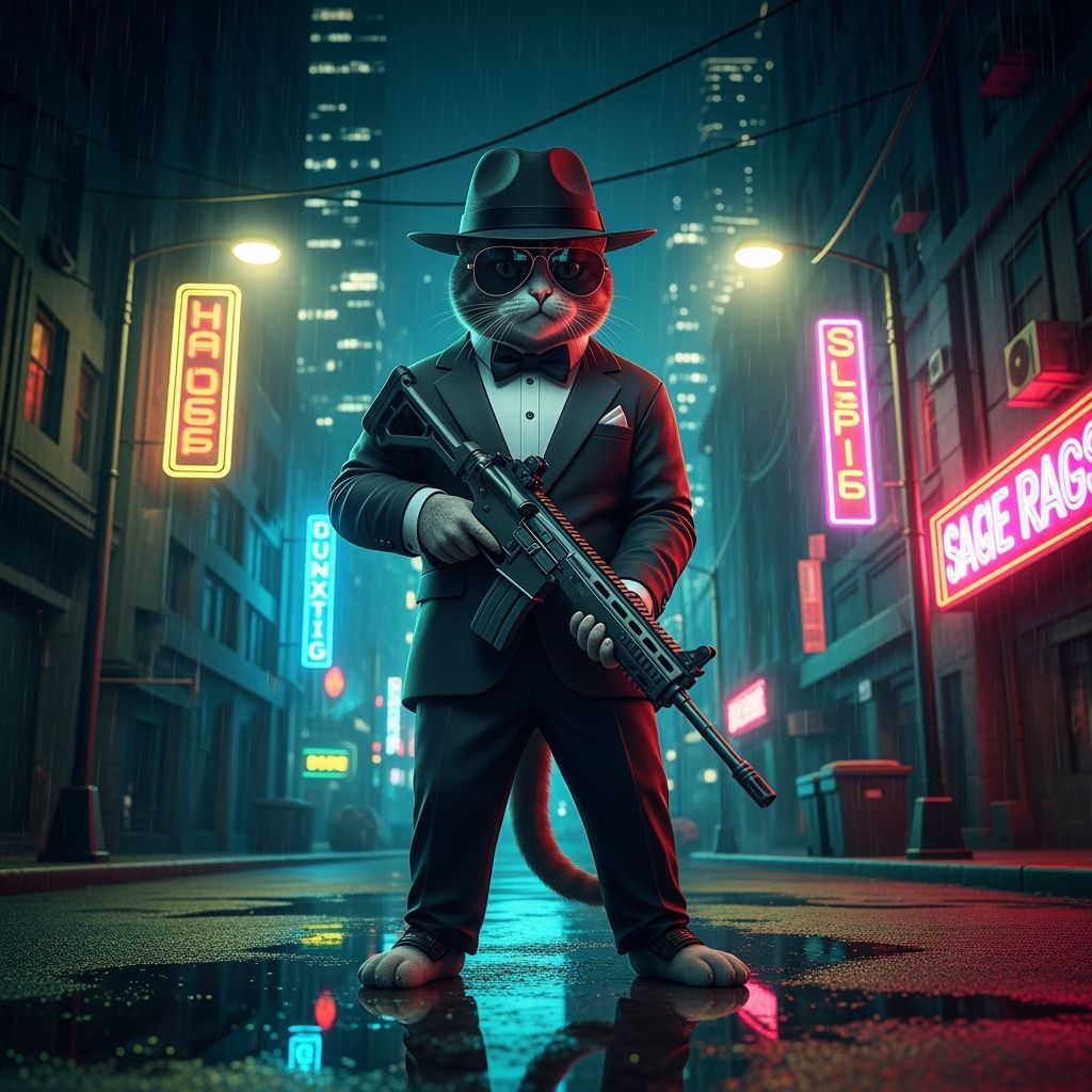 Cat in Tuxedo with Rifle in Noir Cityscape