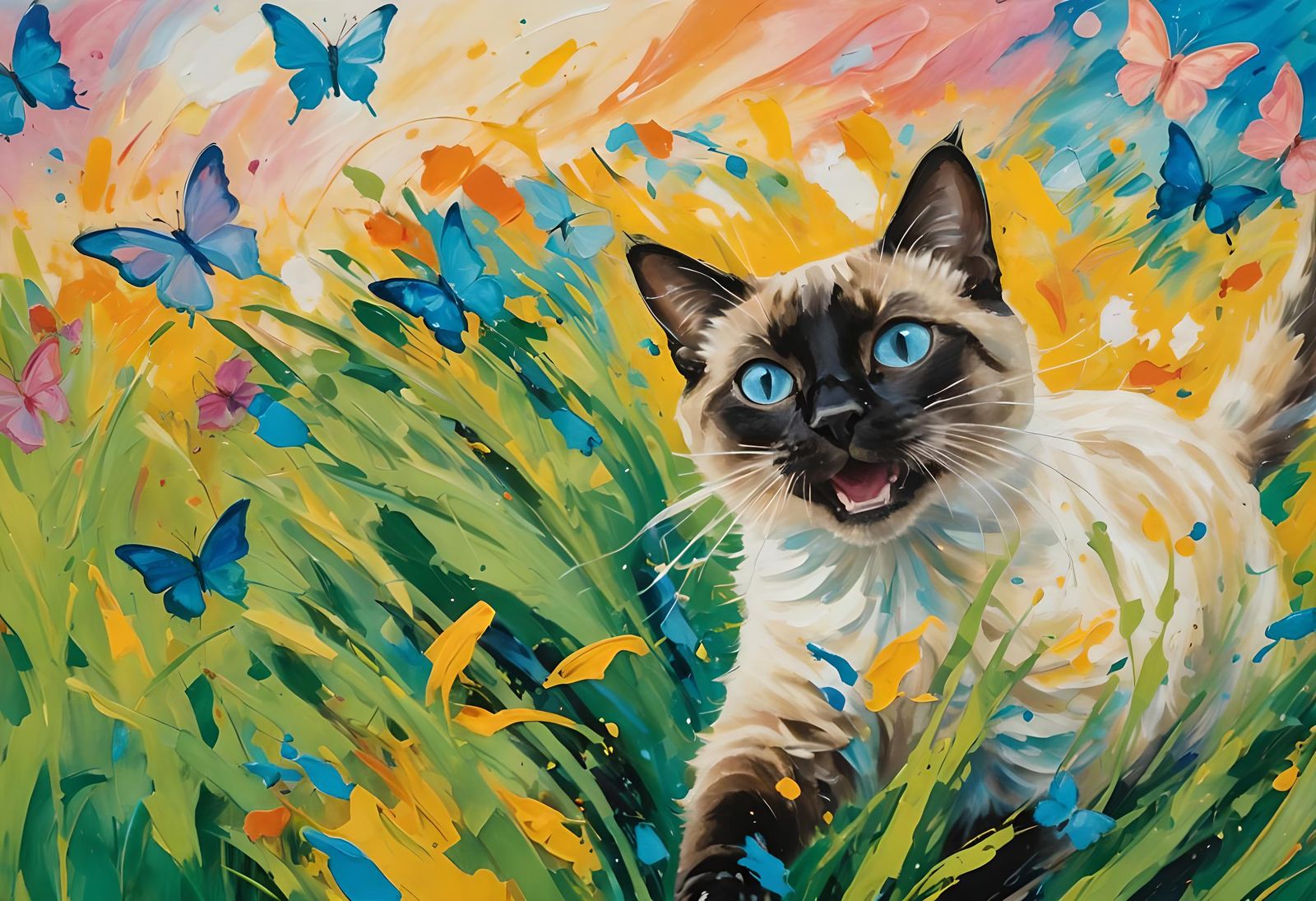 Joyful Siamese Cat Mid-Pounce: Expressionist Gouache Paintin...