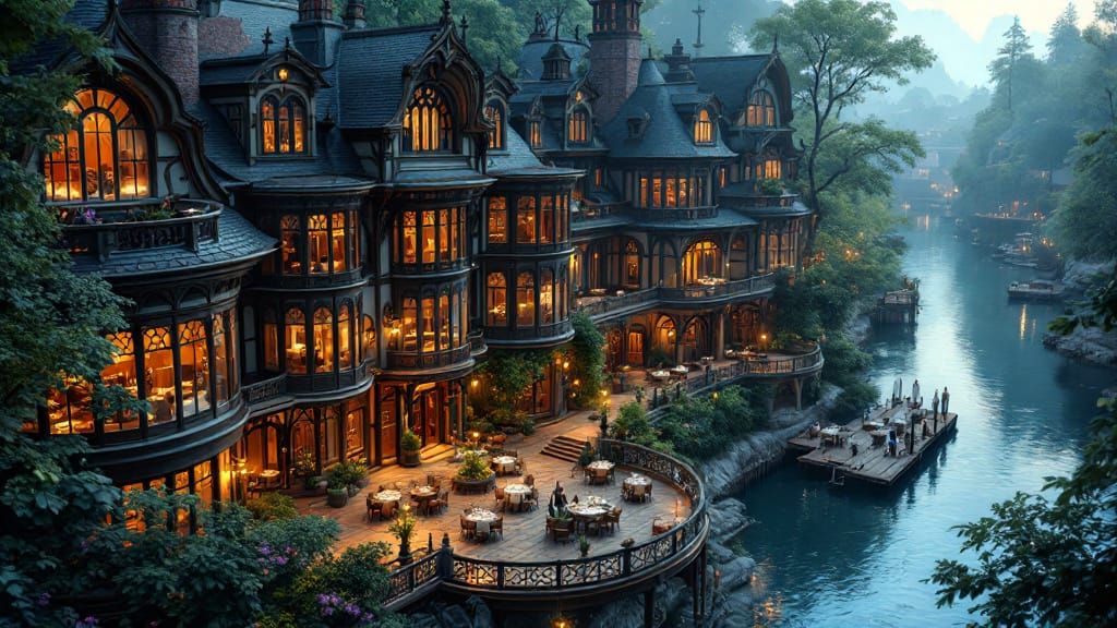 Elegant Riverfront Dining Hall Exterior, Matte Painting