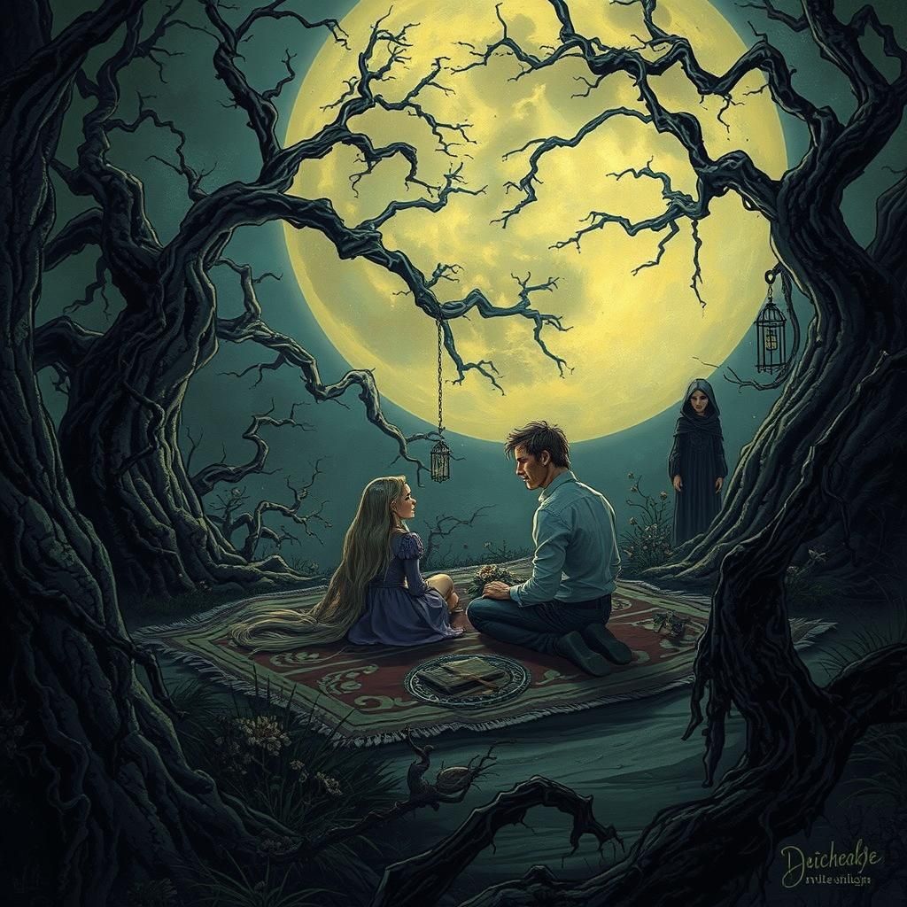 Gothic Picnic: Rapunzel and Eugene in Ethereal Landscape