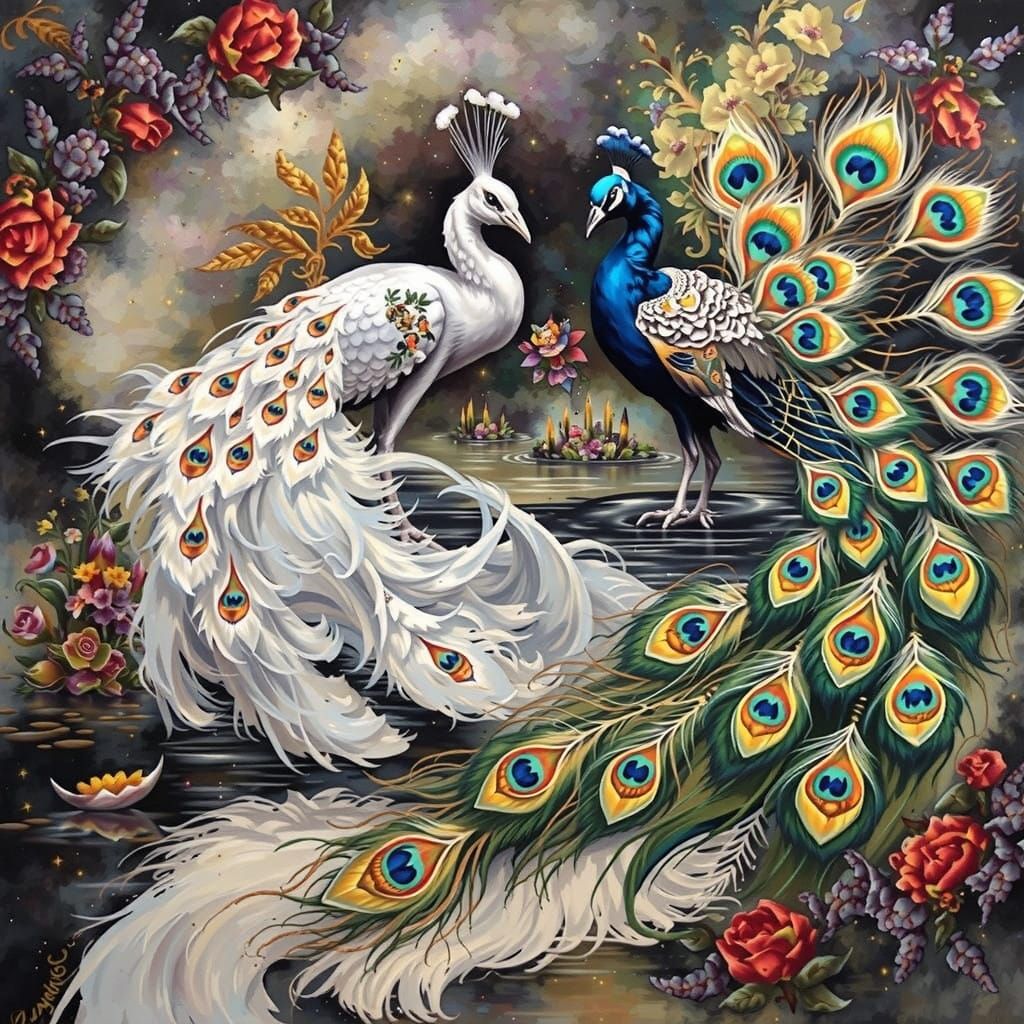 Ethereal Peacock Goddess in Vibrant Colors and Golden Accent...