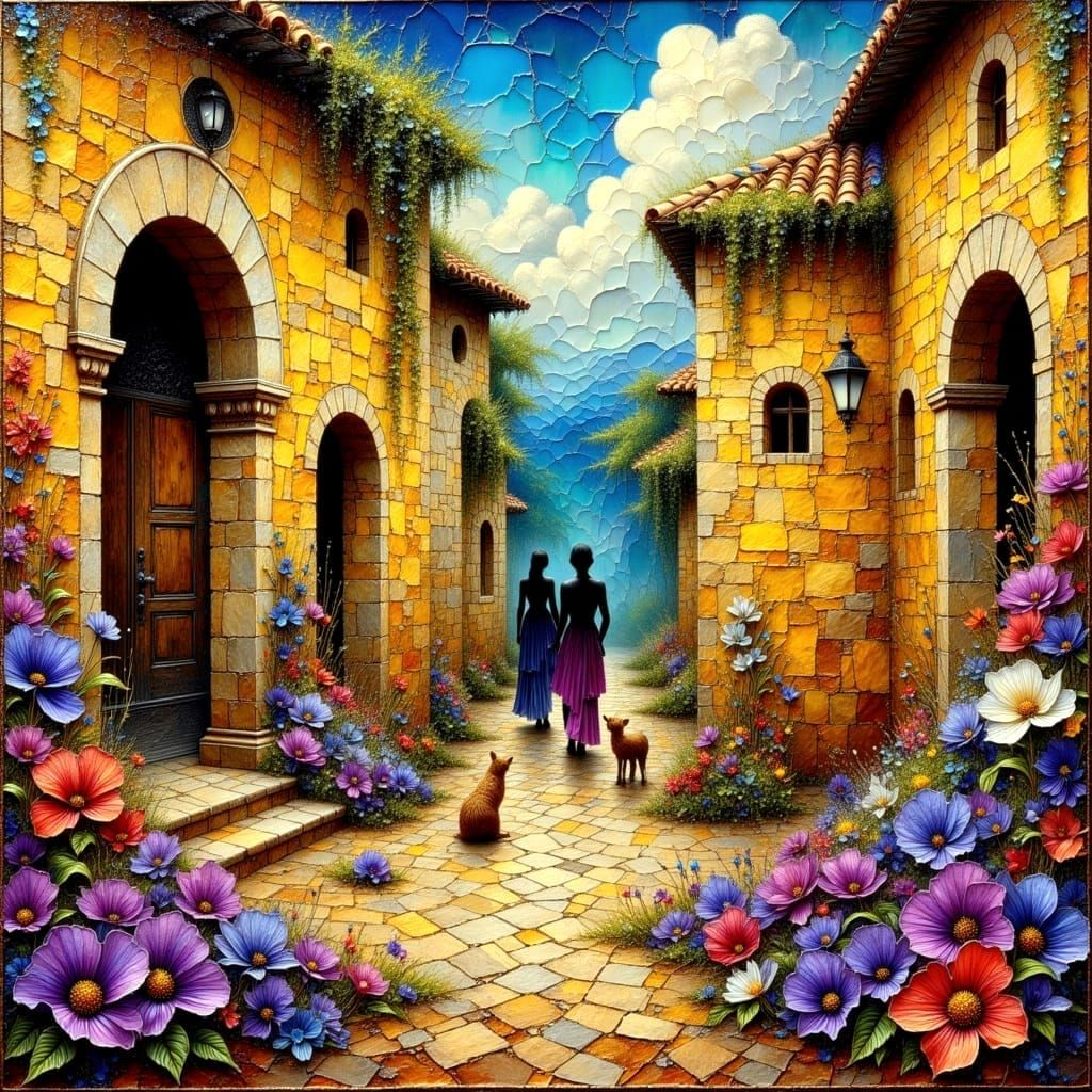 Violet Courtyard Oasis in Whimsical Impasto Style