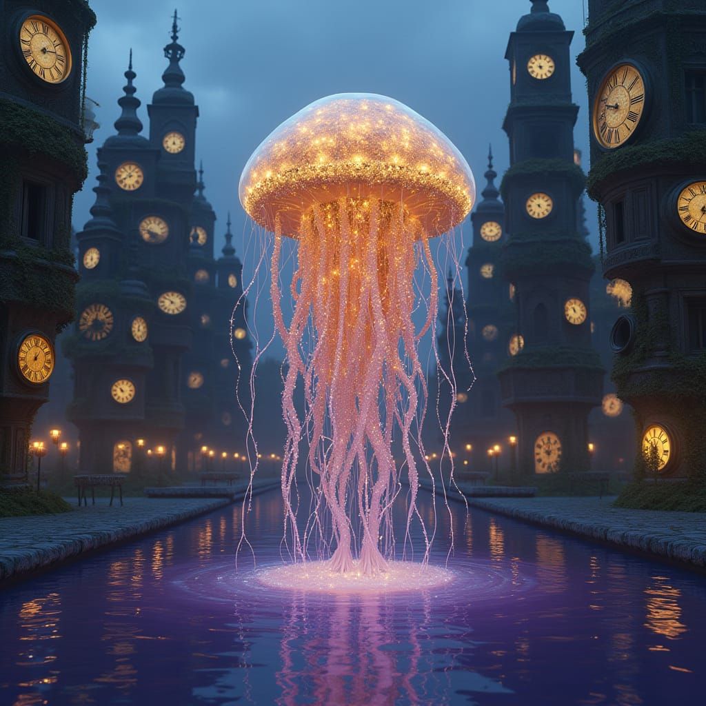 Clockwork Starlight Jellyfish Over Frozen City