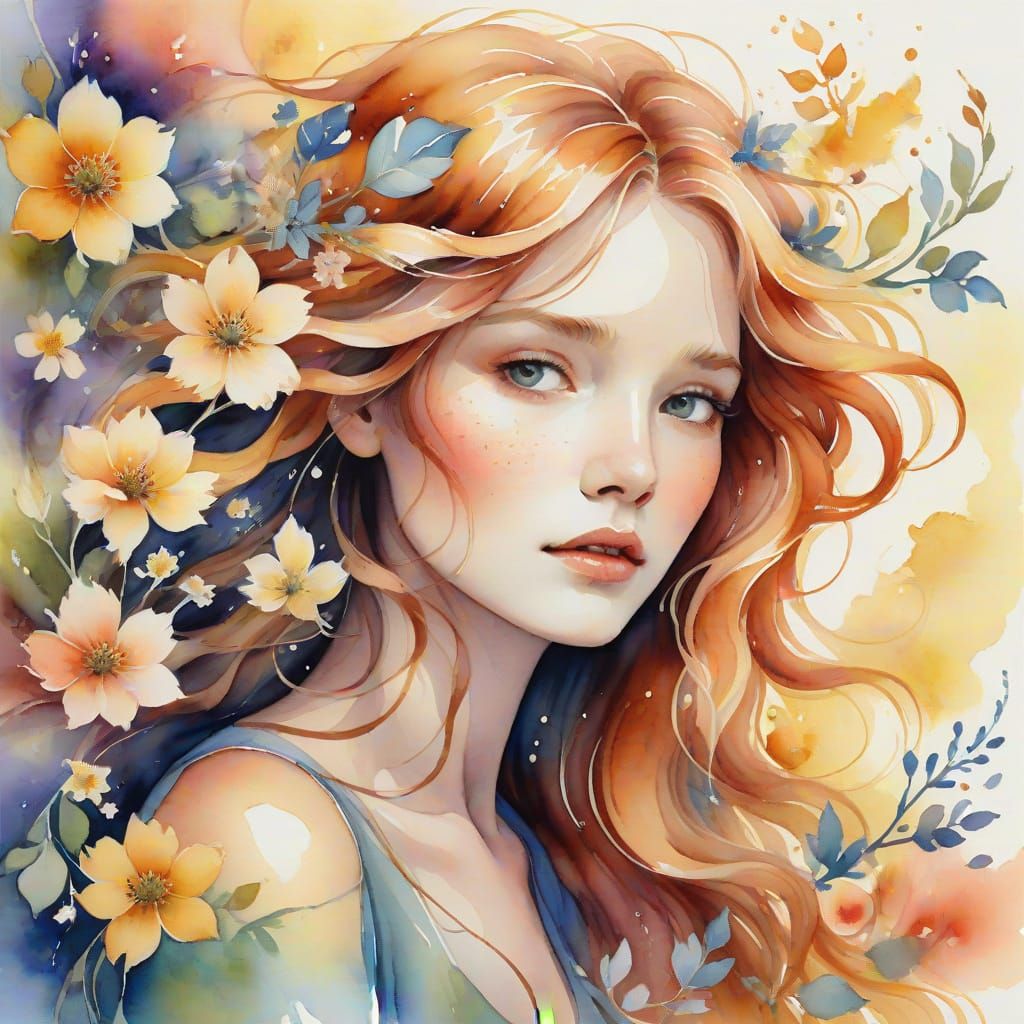 Whimsical Watercolor Portrait of an Ethereal Woman