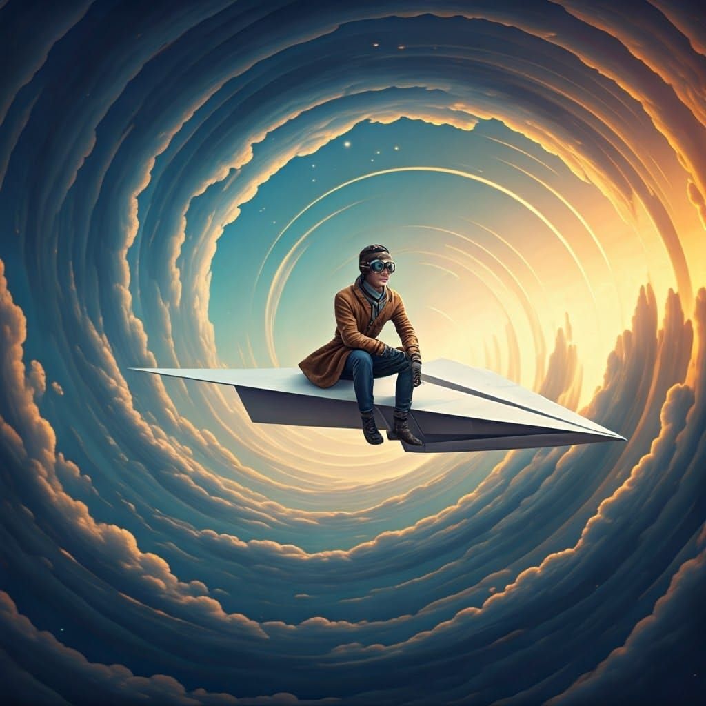 Miniature Man Soaring on Paper Plane in Flight